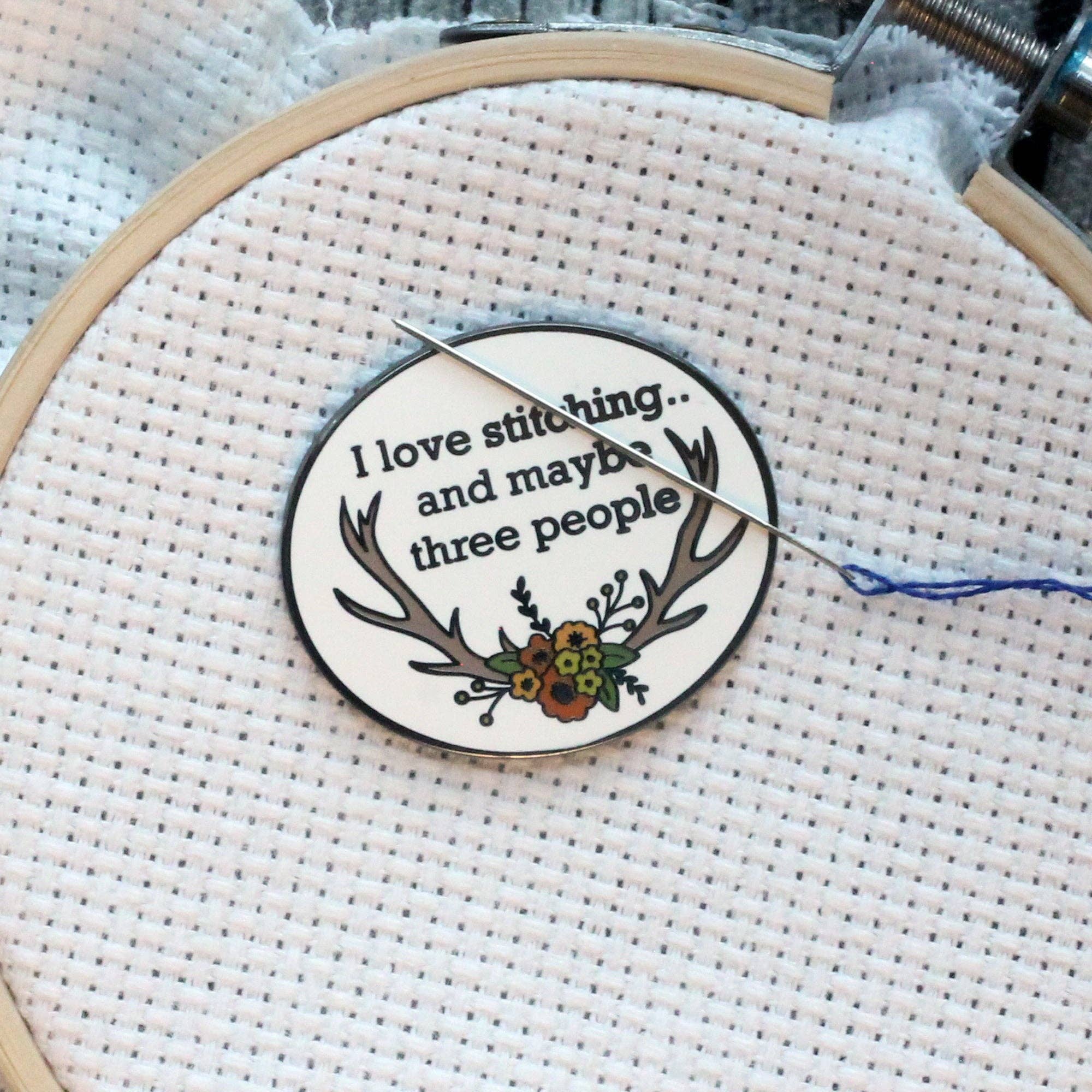 i love stitching and maybe three people enamel needle minder i love stitching and maybe three people enamel needle minder