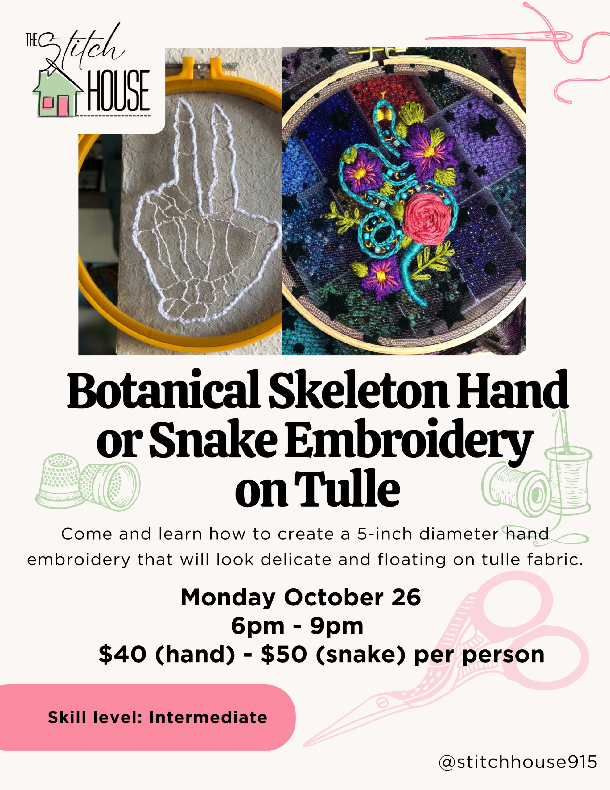 Botanical Skeleton Hand or Snake Embroidery on Tulle